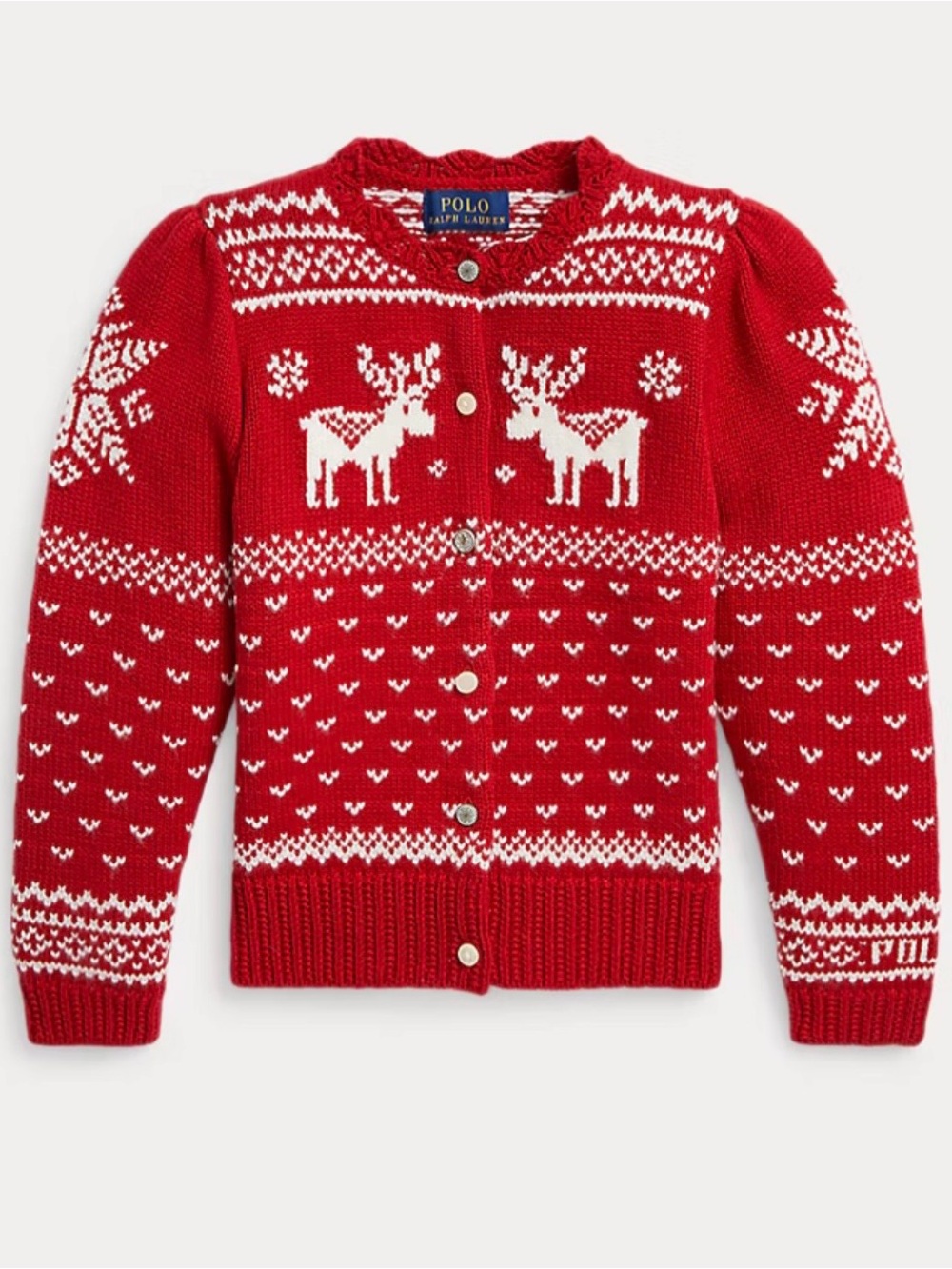 Polo Ralph Lauren Girls Fair Isle Reindeer Holiday Cardigan Sweater Red 12-14